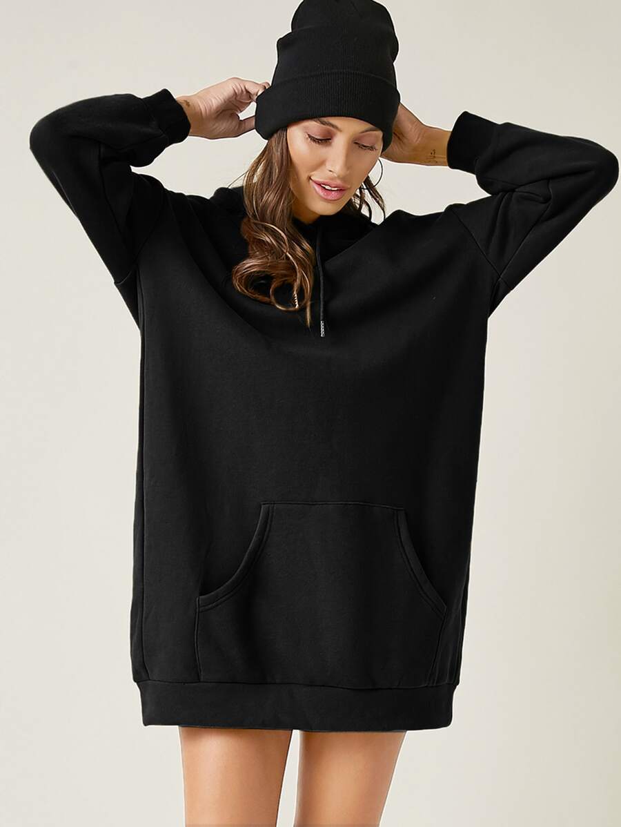 RueChic Drop Shoulder Drawstring Hooded Sweatshirt Dress - Black - View 1