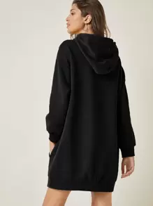 RueChic Drop Shoulder Drawstring Hooded Sweatshirt Dress - Black - View 2