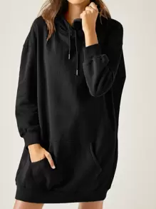 RueChic Drop Shoulder Drawstring Hooded Sweatshirt Dress - Black - View 4