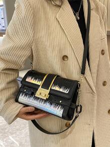 Holographic Crocodile Embossed Push Lock Flap Square Bag - Black - View 1