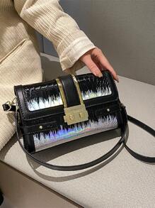Holographic Crocodile Embossed Push Lock Flap Square Bag - Black - View 2
