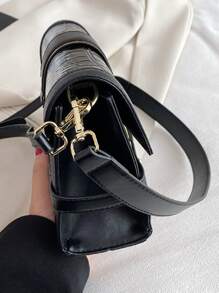 Holographic Crocodile Embossed Push Lock Flap Square Bag - Black - View 3