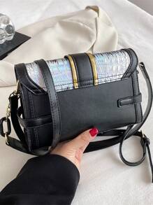 Holographic Crocodile Embossed Push Lock Flap Square Bag - Black - View 4