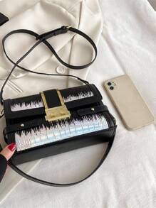 Holographic Crocodile Embossed Push Lock Flap Square Bag - Black - View 8