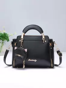 时尚手提包，带猫咪零钱包，纯色斜挎包，女士顶部手柄单肩包，母亲节礼物，送给妈妈的手提包，女士手提包，手提包，印花手提包，背包，多隔层手包，日常散步包，单肩包，大容量手提包，时尚 - 黑色 - 查看 1