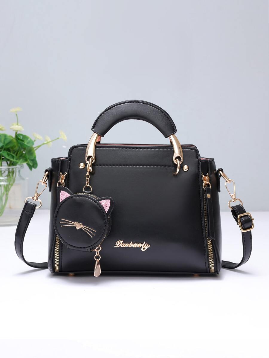 时尚手提包，带猫咪零钱包，纯色斜挎包，女士顶部手柄单肩包，母亲节礼物，送给妈妈的手提包，女士手提包，手提包，印花手提包，背包，多隔层手包，日常散步包，单肩包，大容量手提包，时尚 - 黑色 - 查看 1