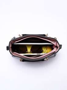 时尚手提包，带猫咪零钱包，纯色斜挎包，女士顶部手柄单肩包，母亲节礼物，送给妈妈的手提包，女士手提包，手提包，印花手提包，背包，多隔层手包，日常散步包，单肩包，大容量手提包，时尚 - 黑色 - 查看 3