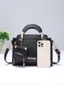 时尚手提包，带猫咪零钱包，纯色斜挎包，女士顶部手柄单肩包，母亲节礼物，送给妈妈的手提包，女士手提包，手提包，印花手提包，背包，多隔层手包，日常散步包，单肩包，大容量手提包，时尚 - 黑色 - 查看 5