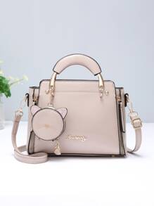 Letter Graphic Square Bag With Bag Charm, Mother's Day Gift For Mom - Khaki - View 1