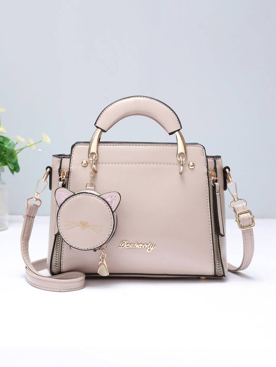 Letter Graphic Square Bag With Bag Charm, Mother's Day Gift For Mom - Khaki - View 1