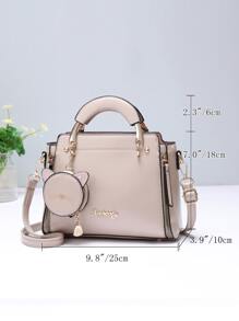 Letter Graphic Square Bag With Bag Charm, Mother's Day Gift For Mom - Khaki - View 6