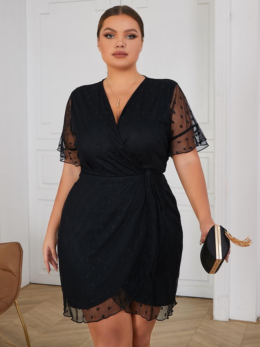 Eilly Bazar 大碼波點網紗圍裹側打結連衣裙 - 黑色 - 查看 1