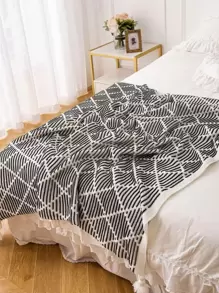 1入組條紋圖案和幾何樣式披肩北歐風織物流蘇裝飾為沙發和床蓋毯子 - 灰色 - 查看 3