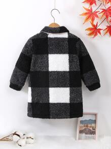 小男童格紋印花翻蓋口袋絨毛外套無毛衣