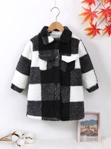 小男童格紋印花翻蓋口袋絨毛外套無毛衣