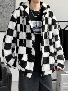 Claim Dot Áo khoác nam họa tiết caro vai trễ có dây rút, mũ trùm đầu cỡ lớn, thời trang, rapper, tay dài, áo khoác ấm, sherpa, áo khoác lông cừu nam, áo khoác caro, áo khoác lông cừu đen trắng - Đen và trắng - Xem 3