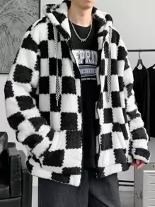 Claim Dot Áo khoác nam họa tiết caro vai trễ có dây rút, mũ trùm đầu cỡ lớn, thời trang, rapper, tay dài, áo khoác ấm, sherpa, áo khoác lông cừu nam, áo khoác caro, áo khoác lông cừu đen trắng - Đen và trắng - Xem 6