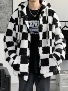 Claim Dot Áo khoác nam họa tiết caro vai trễ có dây rút, mũ trùm đầu cỡ lớn, thời trang, rapper, tay dài, áo khoác ấm, sherpa, áo khoác lông cừu nam, áo khoác caro, áo khoác lông cừu đen trắng - Đen và trắng - Xem 7