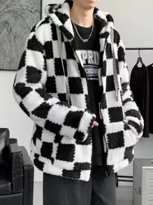 Claim Dot Áo khoác nam họa tiết caro vai trễ có dây rút, mũ trùm đầu cỡ lớn, thời trang, rapper, tay dài, áo khoác ấm, sherpa, áo khoác lông cừu nam, áo khoác caro, áo khoác lông cừu đen trắng - Đen và trắng - Xem 8