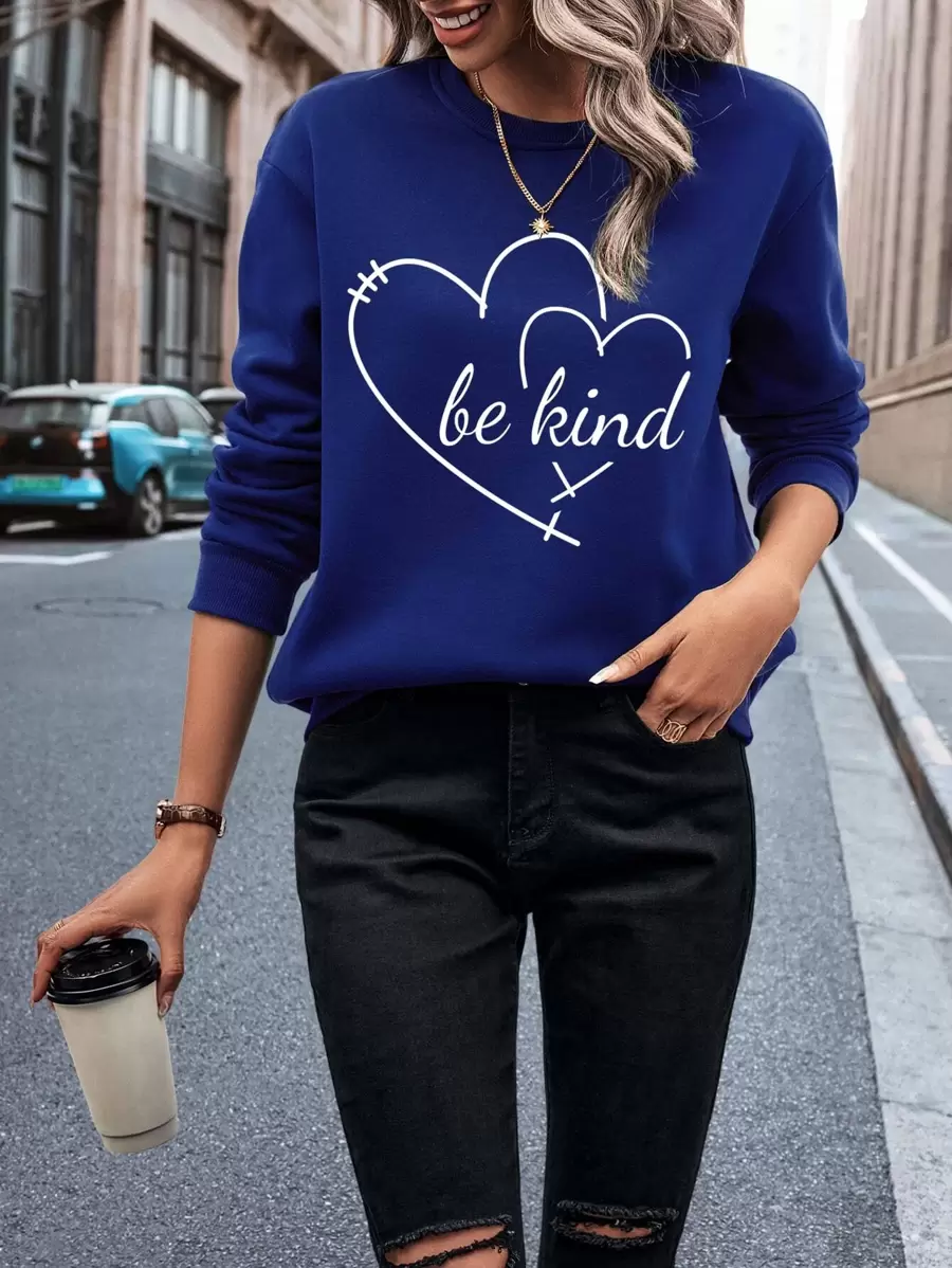 SHEIN LUNE 愛心和標語圖案加絨內裏套頭衫 - 寶藍色 - 查看 1