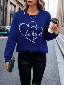 SHEIN LUNE 愛心和標語圖案加絨內裏套頭衫 - 寶藍色 - 查看 4