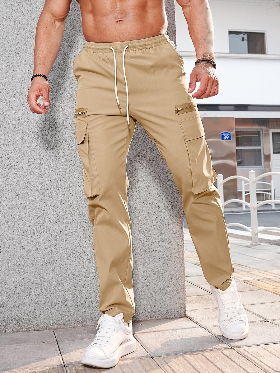Manfinity Homme Men Flap Pocket Drawstring Waist Cargo Trousers - Khaki - View 1