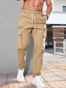 Manfinity Homme Men Flap Pocket Drawstring Waist Cargo Trousers - Khaki - View 3