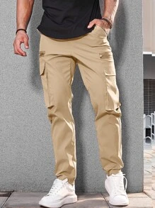 Manfinity Homme Men Flap Pocket Drawstring Waist Cargo Trousers - Khaki - View 6