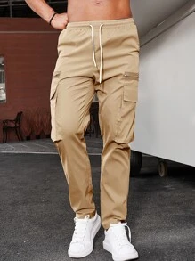 Manfinity Homme Men Flap Pocket Drawstring Waist Cargo Trousers - Khaki - View 7