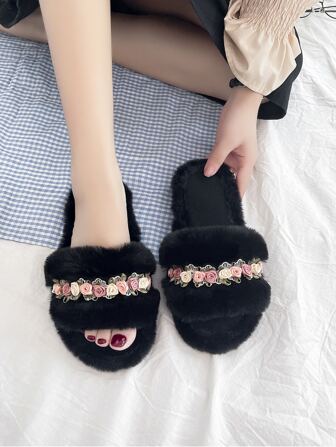 Fall/Winter New Ladies' Plush Slippers, Fashionable & Comfortable Fluffy Slides, Indoor Flat Slip-On Slippers, Long Fur Slippers, Women Slippers