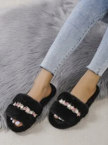 New Ladies' Plush Slippers, Fashionable & Comfortable Faux Fur Slides, Indoor Flat Slip-On Slippers, Long Fur Slippers, Women Slippers