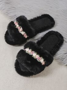 New Ladies' Plush Slippers, Fashionable & Comfortable Faux Fur Slides, Indoor Flat Slip-On Slippers, Long Fur Slippers, Women Slippers