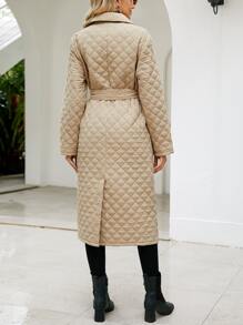 SHEIN LUNE Lapel Neck Belted Quilted Padded Coat Clothes Winter - Khaki - View 2