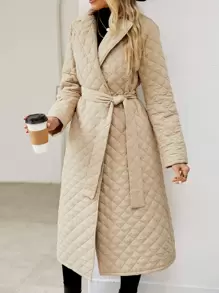 SHEIN LUNE Lapel Neck Belted Quilted Padded Coat Clothes Winter - Khaki - View 3