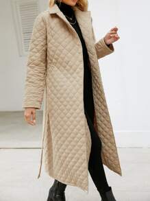 SHEIN LUNE Lapel Neck Belted Quilted Padded Coat Clothes Winter - Khaki - View 6