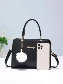 女士优雅托特包、经典单肩包、带绒球装饰的手提包，适合女性、新手和白领人士的母亲节礼物