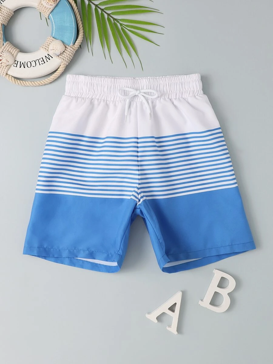 Boys Striped Drawstring Waist Swim Shorts - Blue and White - View 1