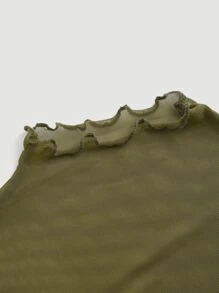 SHEIN MOD Contrast Mesh Mock Neck Lantern Sleeve Dress - Olive Green - View 5