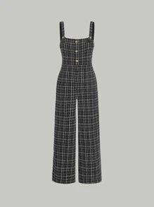 SHEIN MOD Plaid Print Button Front Cami Jumpsuit - Black and White - View 2