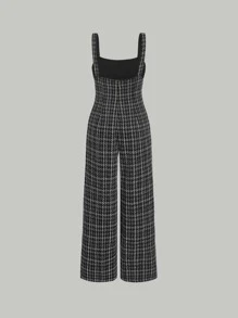 SHEIN MOD Plaid Print Button Front Cami Jumpsuit - Black and White - View 7