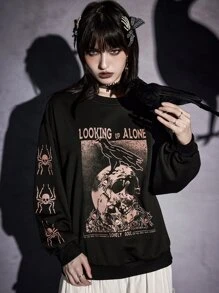 ROMWE Goth Letter Skull Graphic Drop Shoulder Sweatshirt - Black - View 1
