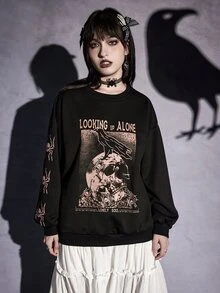 ROMWE Goth Letter Skull Graphic Drop Shoulder Sweatshirt - Black - View 2