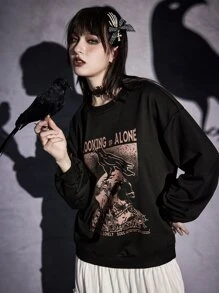 ROMWE Goth Letter Skull Graphic Drop Shoulder Sweatshirt - Black - View 3