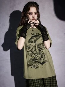 ROMWE Goth Mushroom & Letter Graphic Tee, School - Army Green - View 4