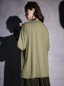 ROMWE Goth Mushroom & Letter Graphic Tee, School - Army Green - View 5