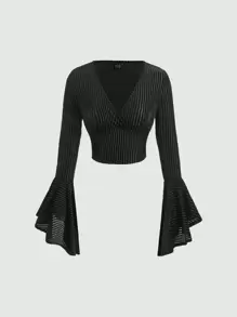 SHEIN MOD Flounce Sleeve Velvet Tee - Black - View 2