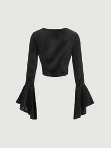 SHEIN MOD Flounce Sleeve Velvet Tee - Black - View 5