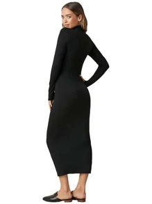 EURMUSE Mock Neck Solid Bodycon Dress - Black - View 2