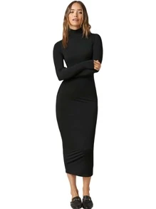 EURMUSE Mock Neck Solid Bodycon Dress - Black - View 5