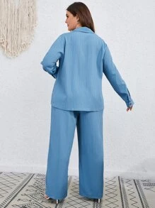 Franclia 大碼落肩袖翻蓋細節襯衫和褲子 - 藍色 - 查看 2